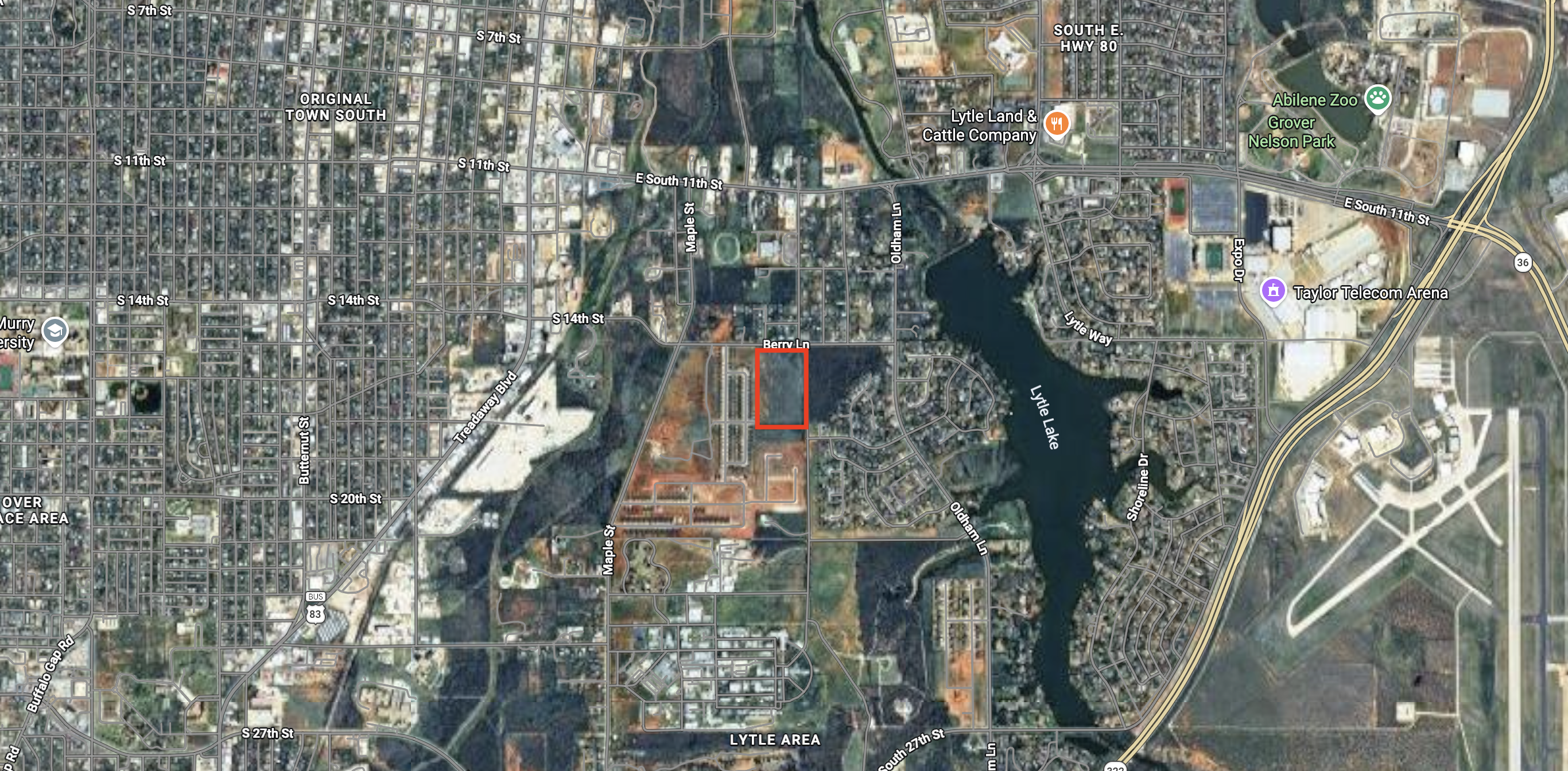 Aerial bird's eye view of 20.55-acre parcel at Berry Lane and Lakeside Drive, Abilene TX