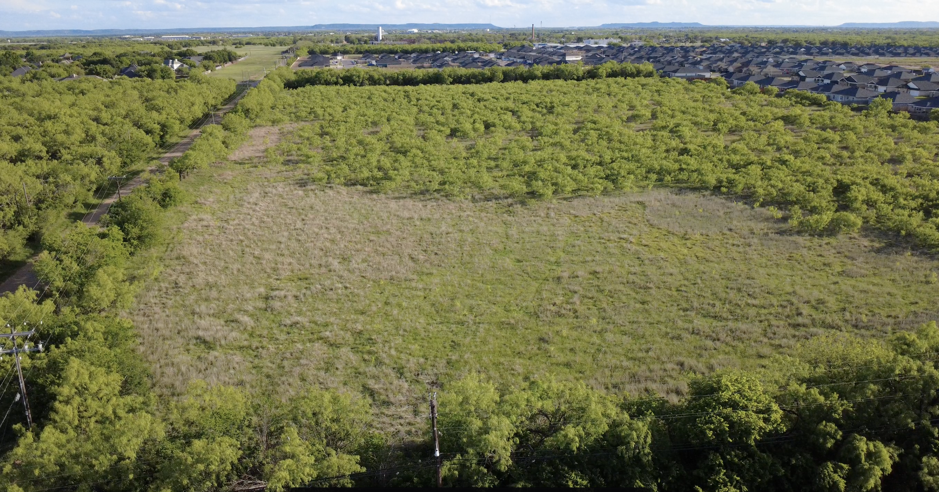 Northeast corner aerial view of 20-acre land parcel in Abilene Texas