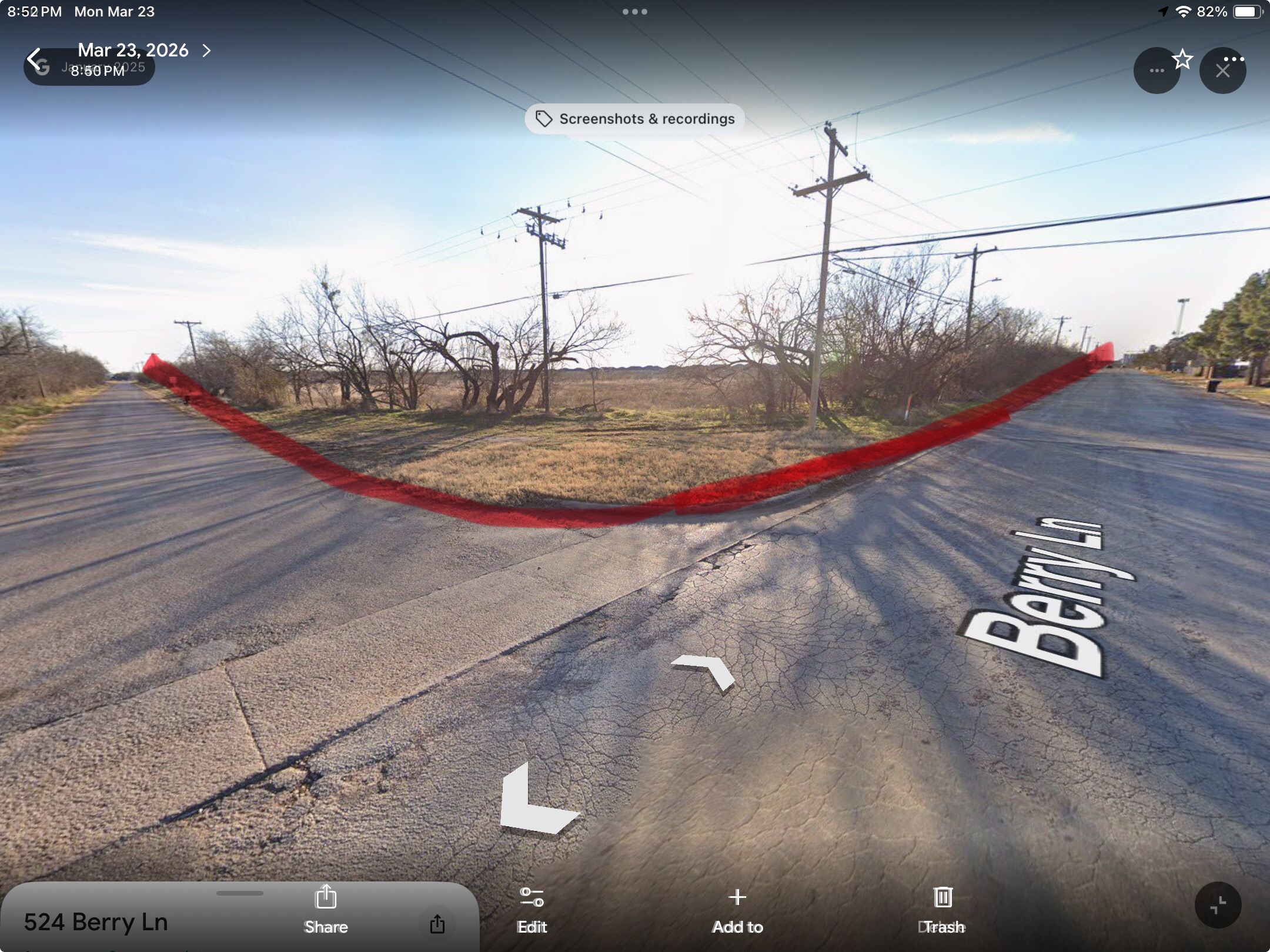 Street view of northeast corner of Berry Lane and Lakeside Drive property in Abilene TX