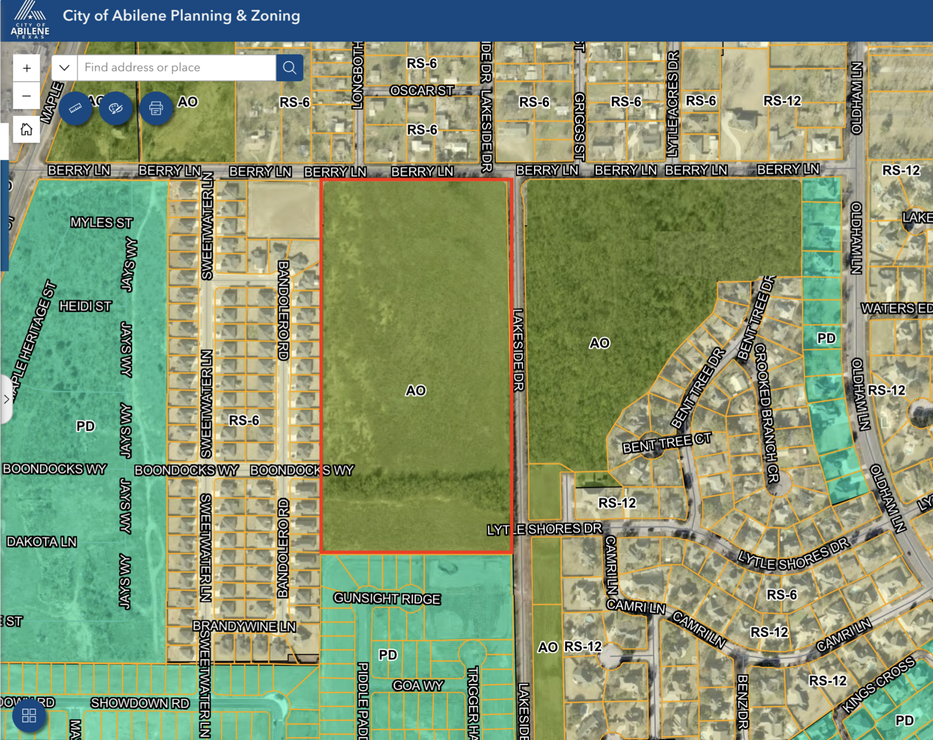 City of Abilene updated zoning map showing AO zoning for Berry Lane parcel